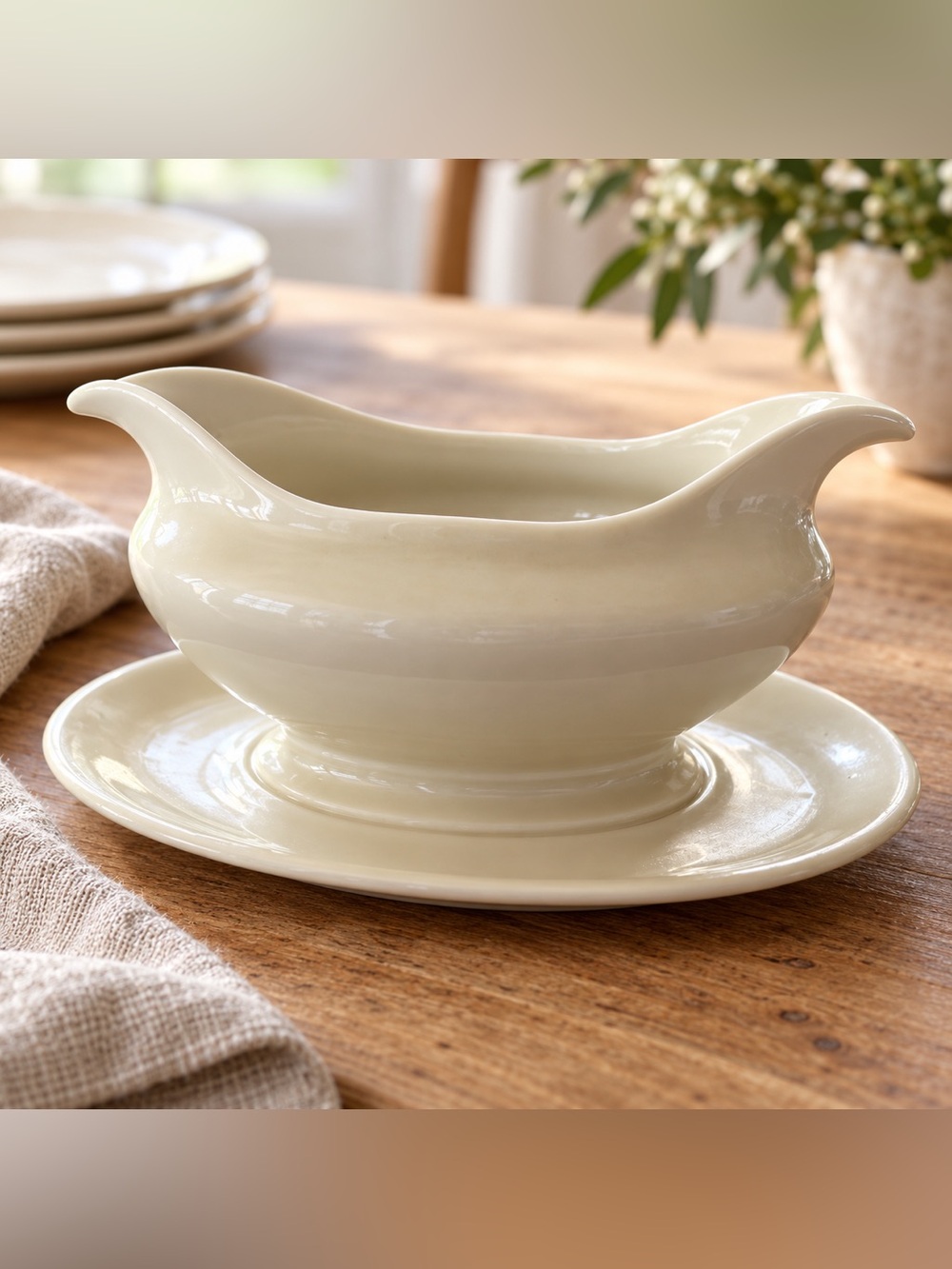 Ivory Ceramic Double Spout Gravy Boat with Attached Underplate
